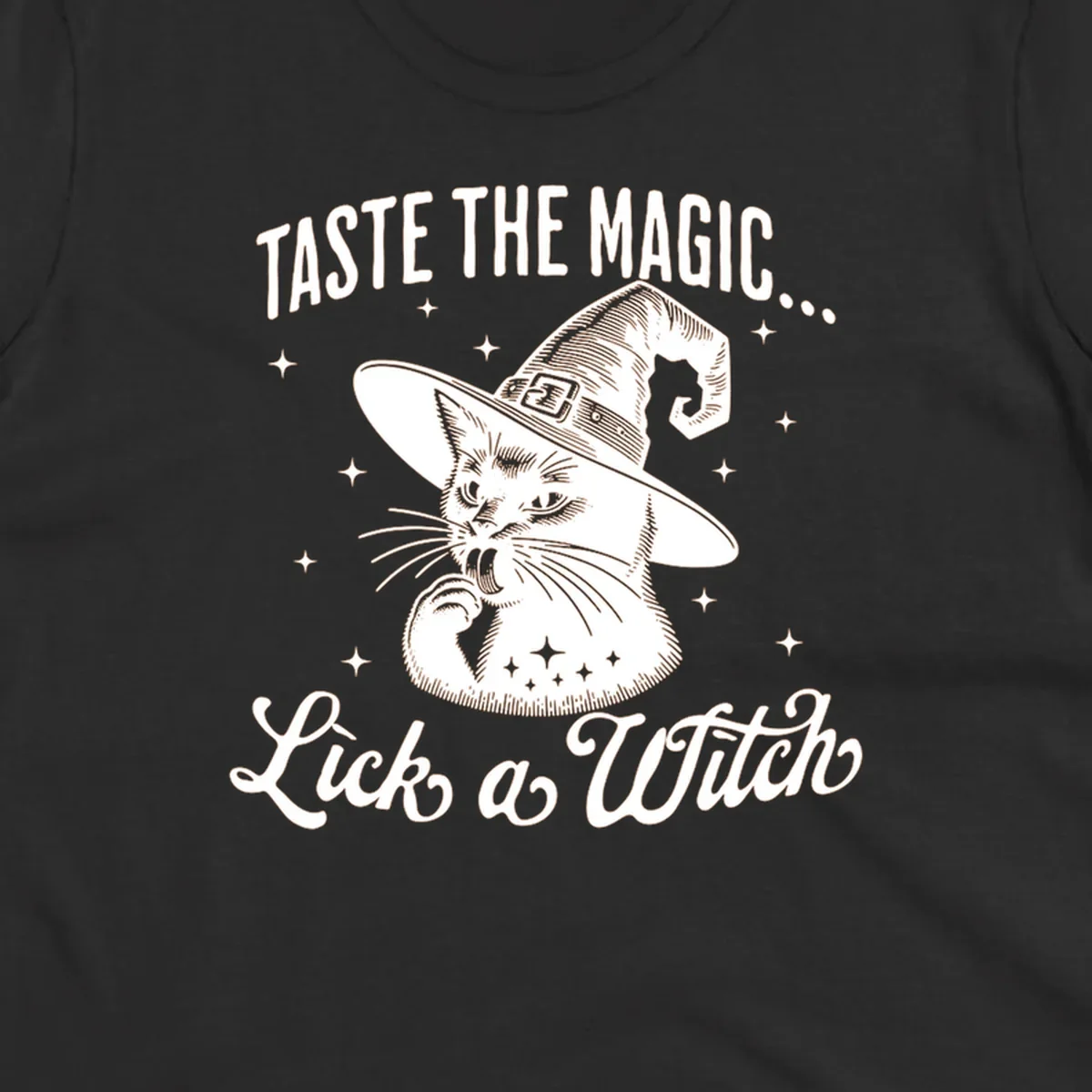 Illustration of a witch cat with text 'Taste The Magic... Lick a Witch', featuring the lick-a-witch-cat concept.