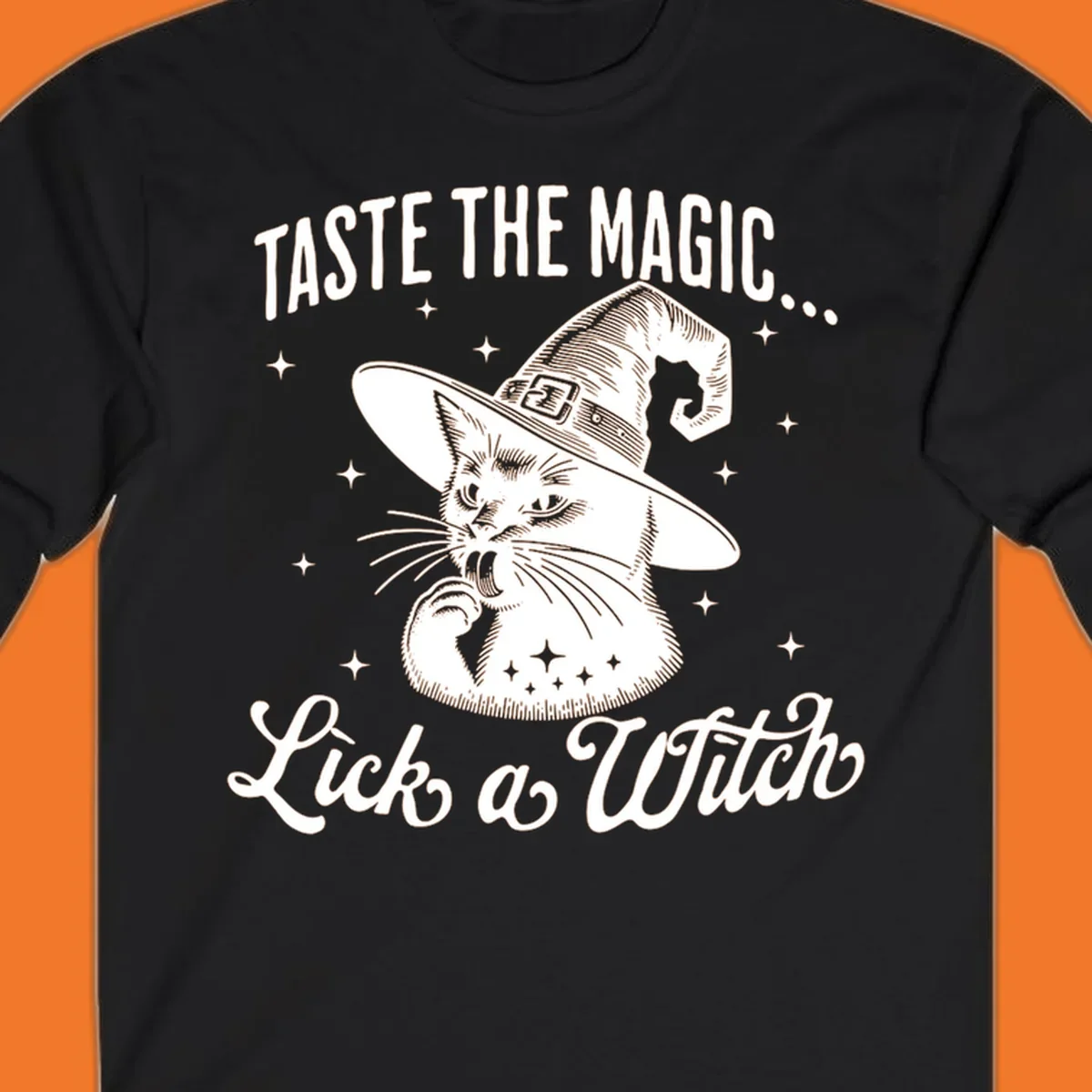 Illustration of a witch cat with text 'Taste The Magic... Lick a Witch', featuring the lick-a-witch-cat concept.