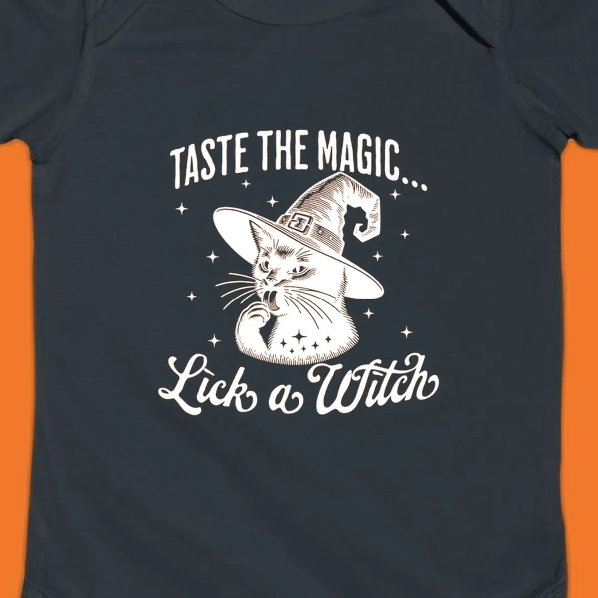 Illustration of a witch cat with text 'Taste The Magic... Lick a Witch', featuring the lick-a-witch-cat concept.