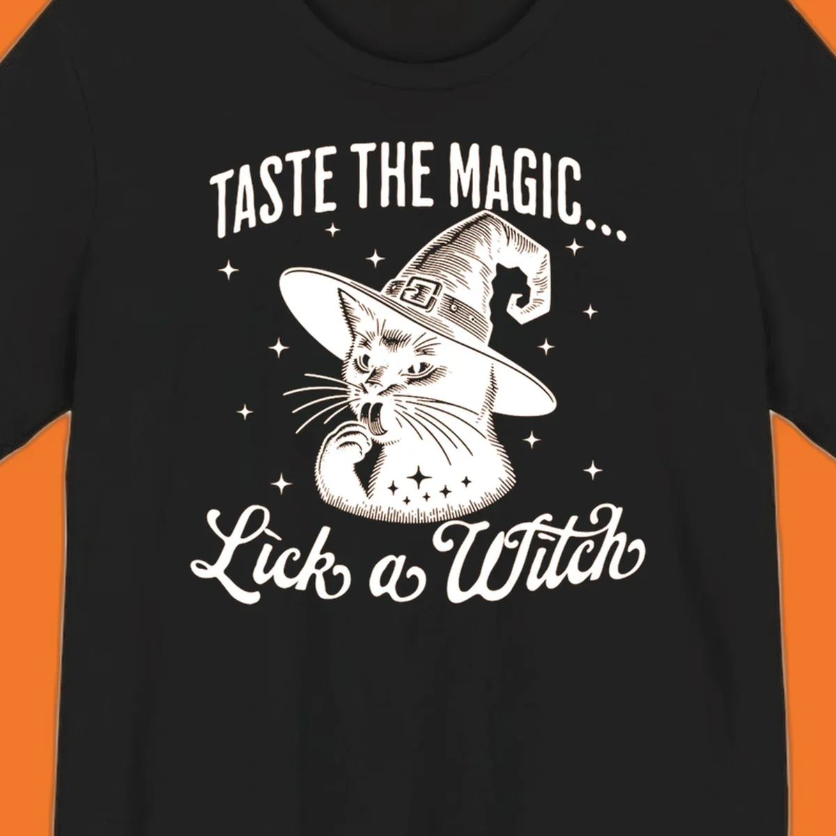 Illustration of a witch cat with text 'Taste The Magic... Lick a Witch', featuring the lick-a-witch-cat concept.