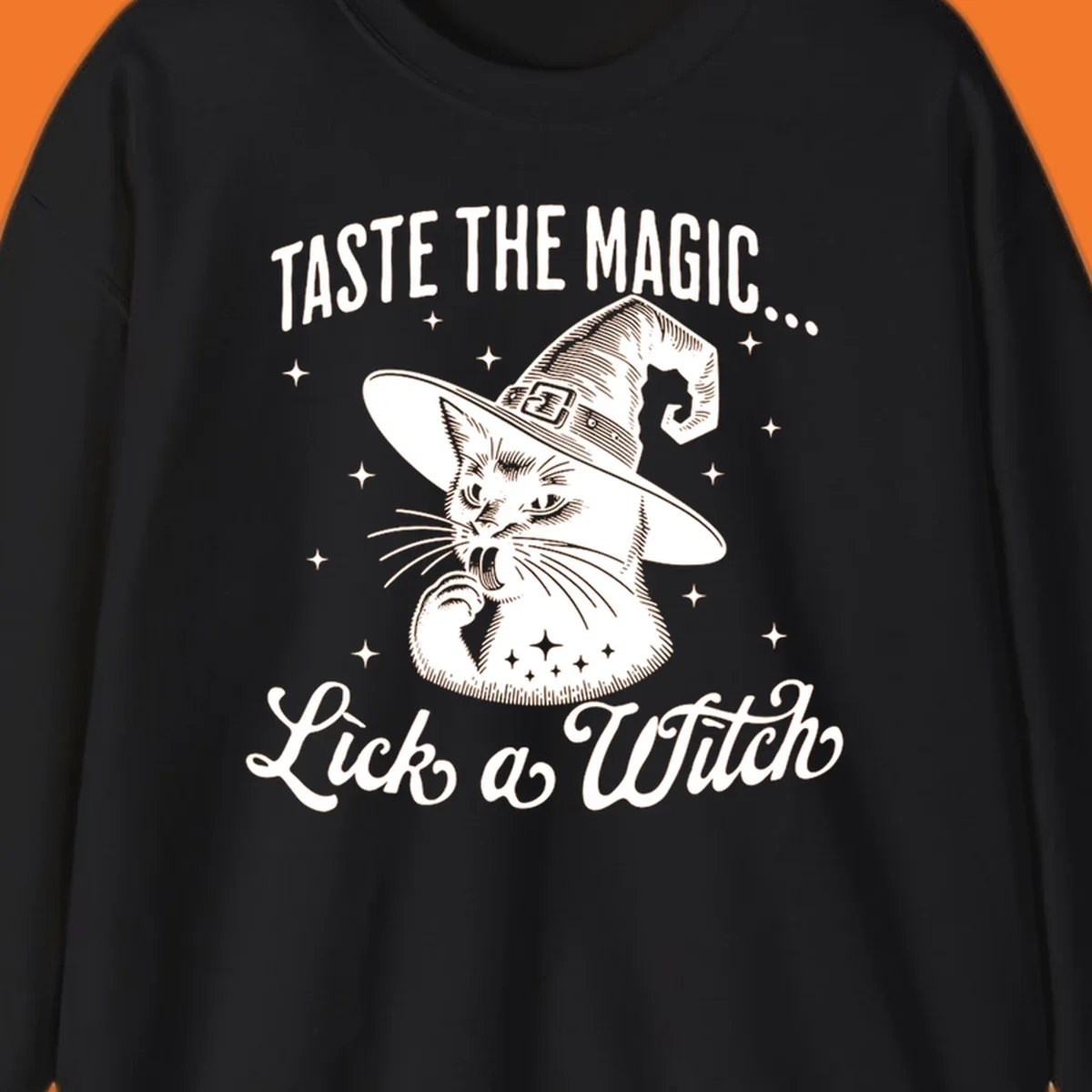 Illustration of a witch cat with text 'Taste The Magic... Lick a Witch', featuring the lick-a-witch-cat concept.