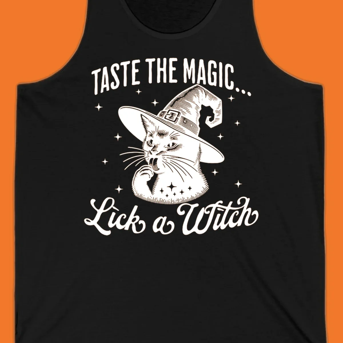 Illustration of a witch cat with text 'Taste The Magic... Lick a Witch', featuring the lick-a-witch-cat concept.