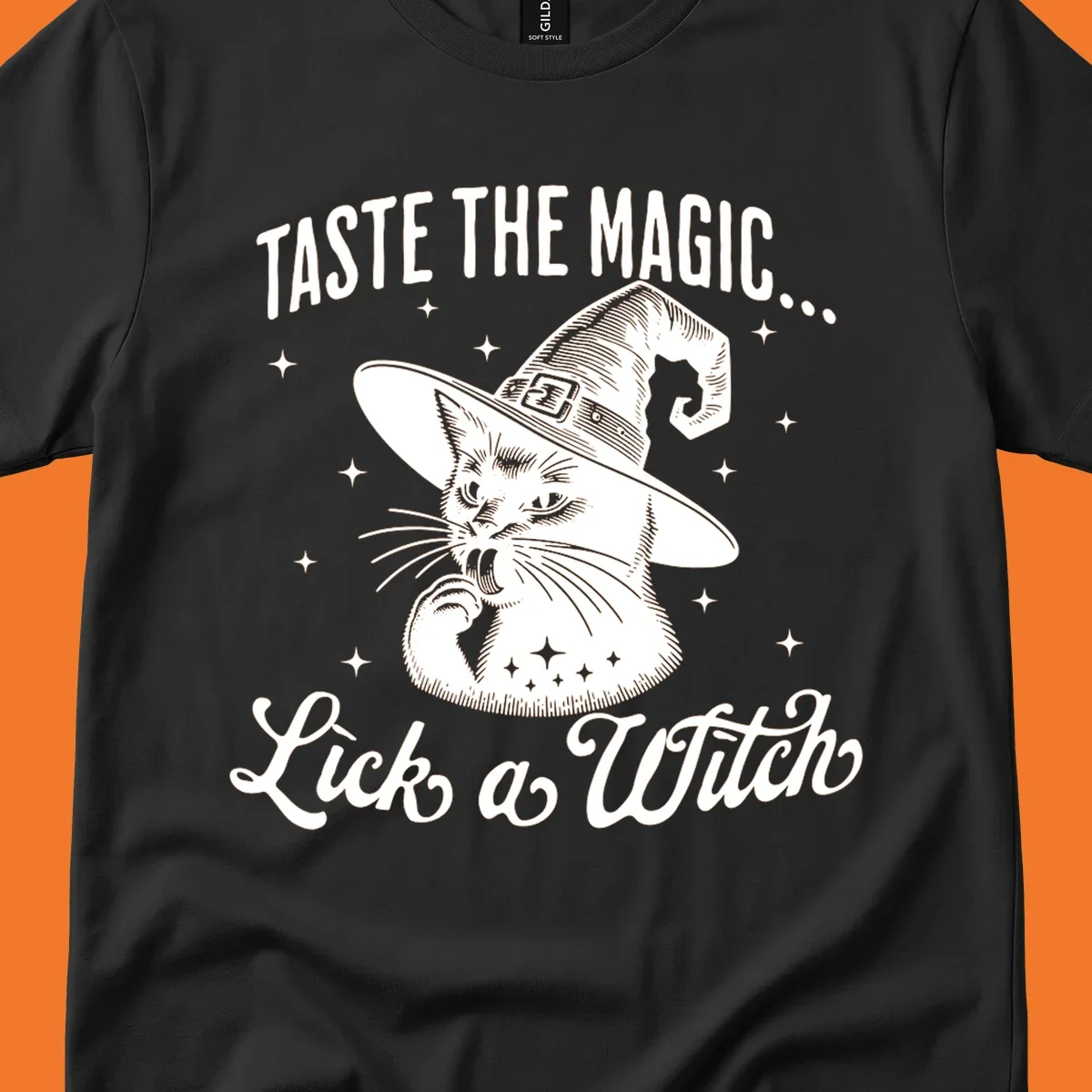 Illustration of a witch cat with text 'Taste The Magic... Lick a Witch', featuring the lick-a-witch-cat concept.