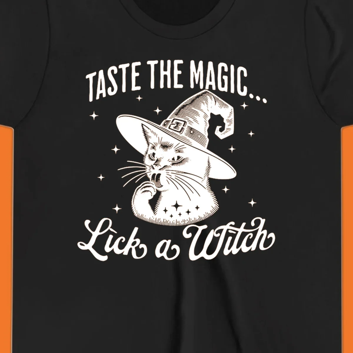 Illustration of a witch cat with text 'Taste The Magic... Lick a Witch', featuring the lick-a-witch-cat concept.