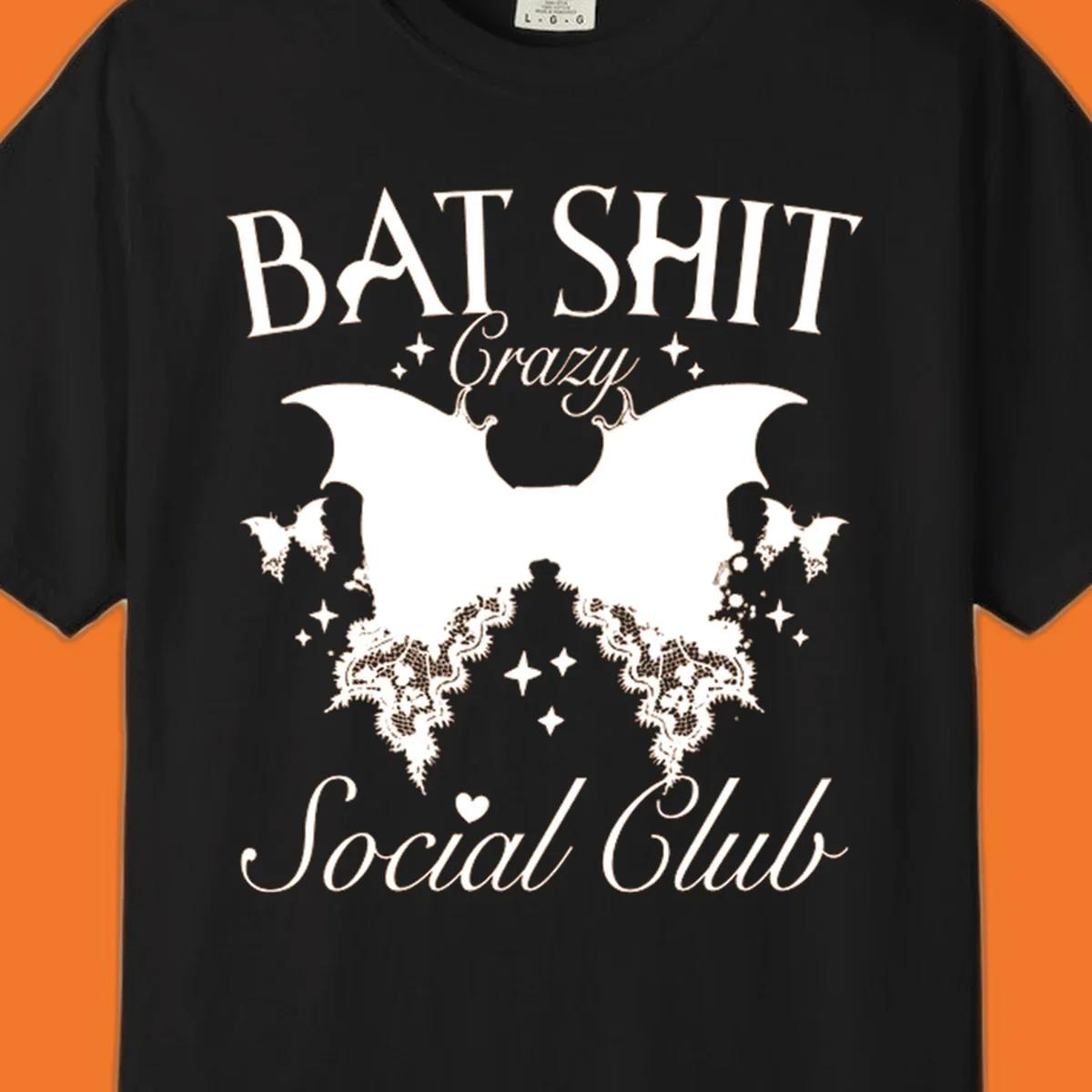 Bat Shit Crazy Social Club design with bat wings, lace, and text.