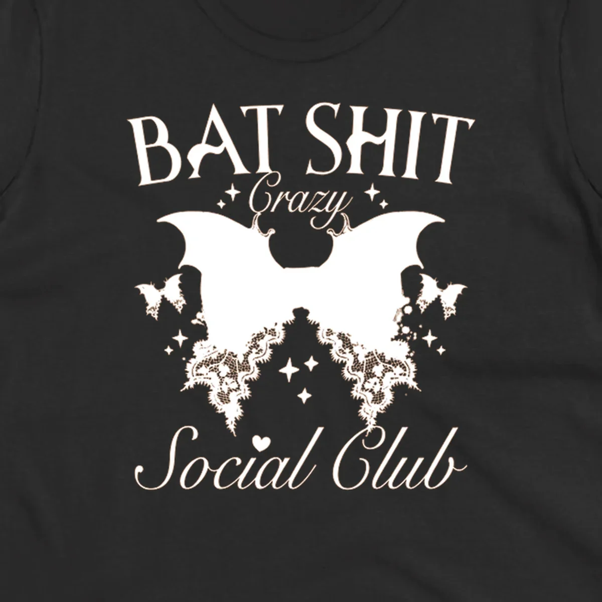 Bat Shit Crazy Social Club design with bat wings, lace, and text.