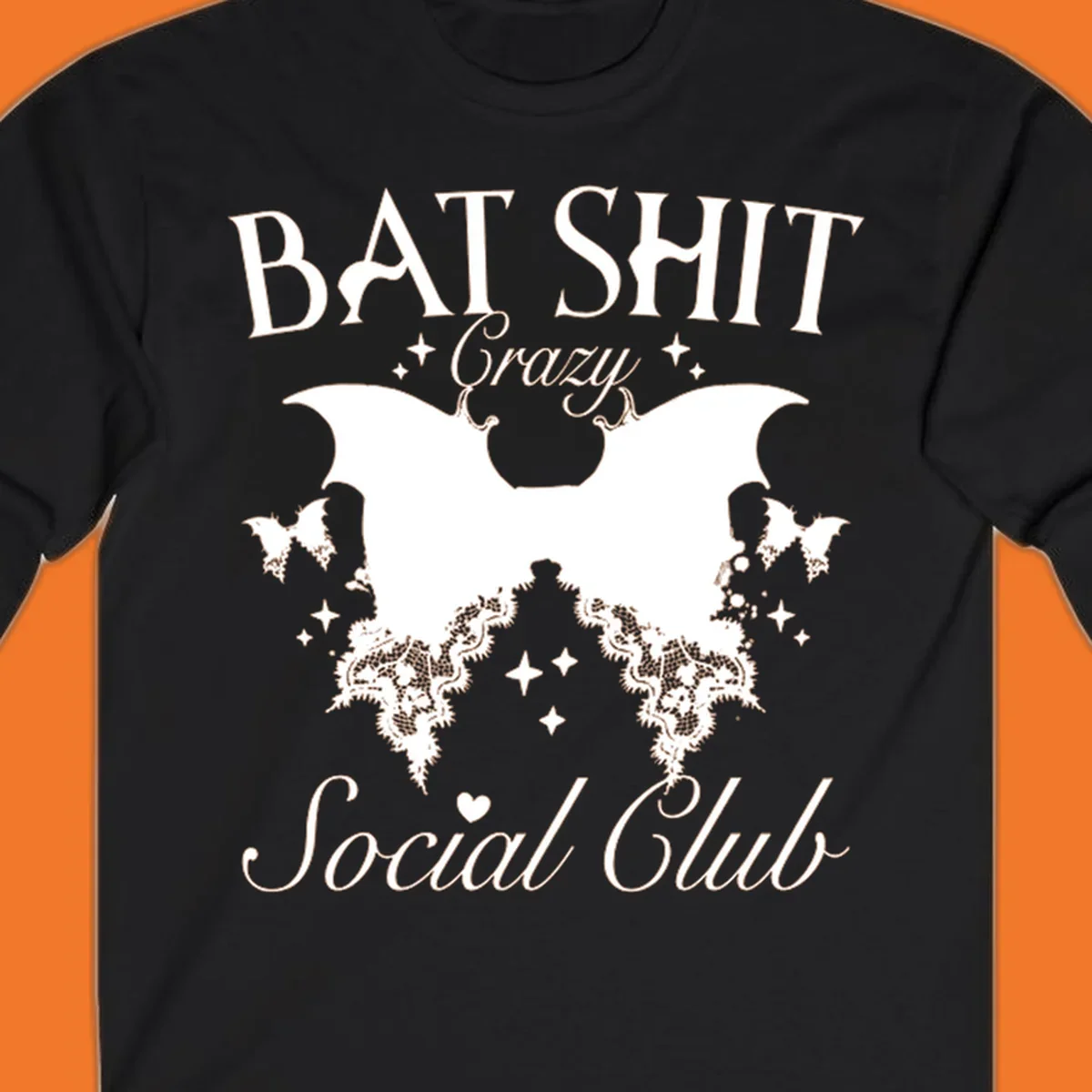 Bat Shit Crazy Social Club design with bat wings, lace, and text.