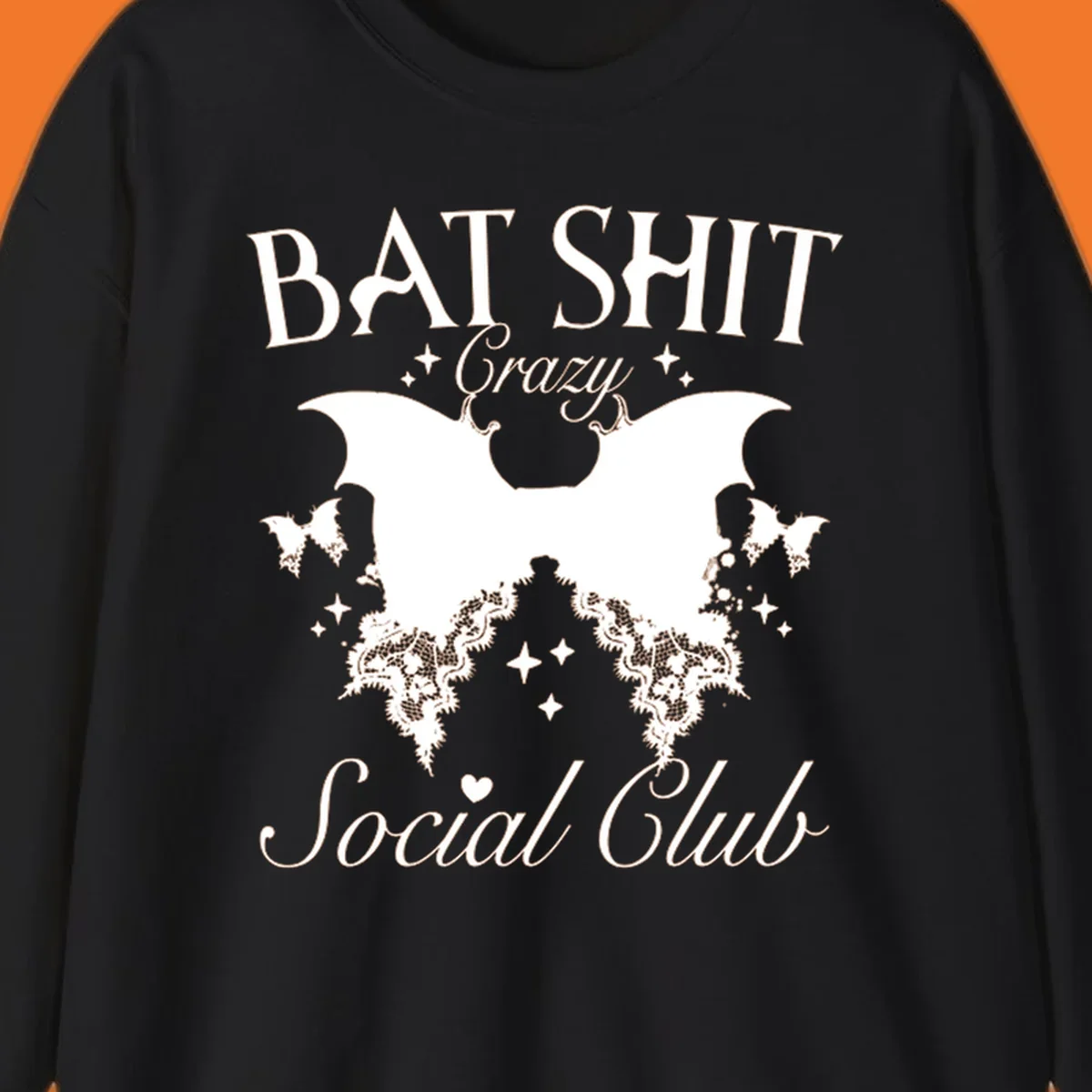 Bat Shit Crazy Social Club design with bat wings, lace, and text.