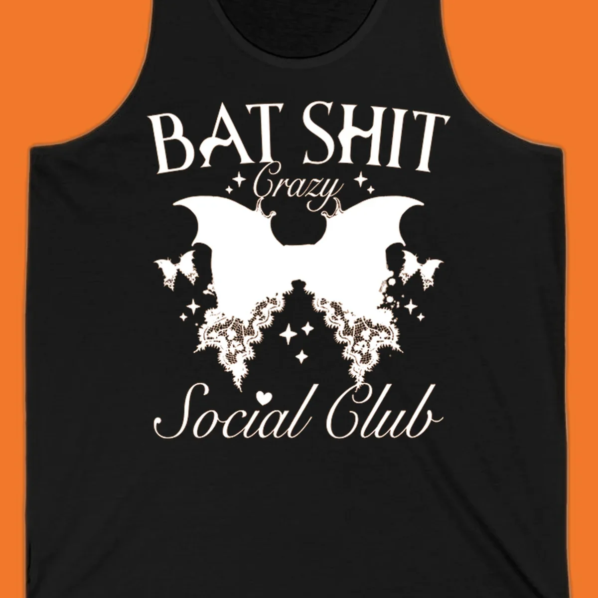 Bat Shit Crazy Social Club design with bat wings, lace, and text.