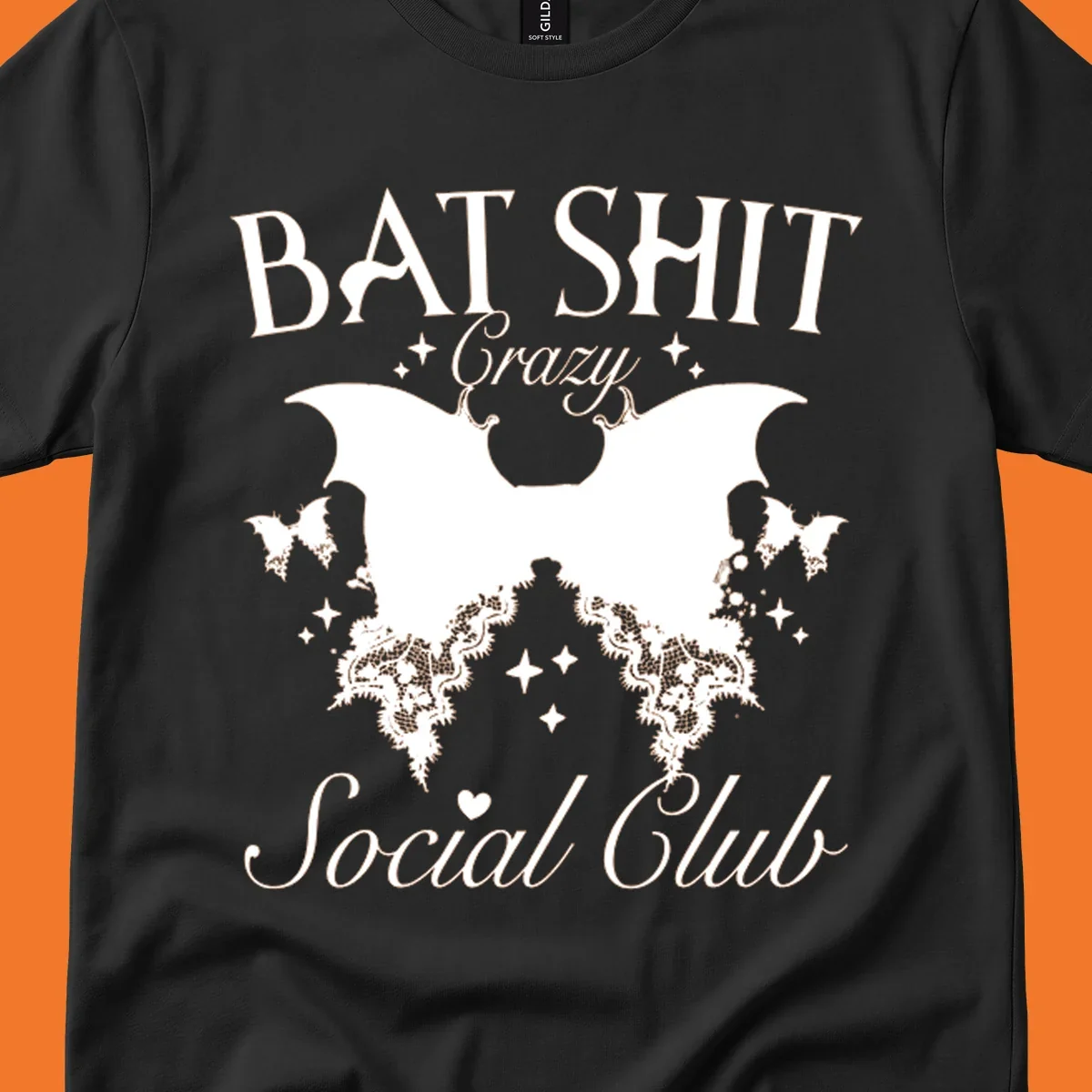 Bat Shit Crazy Social Club design with bat wings, lace, and text.