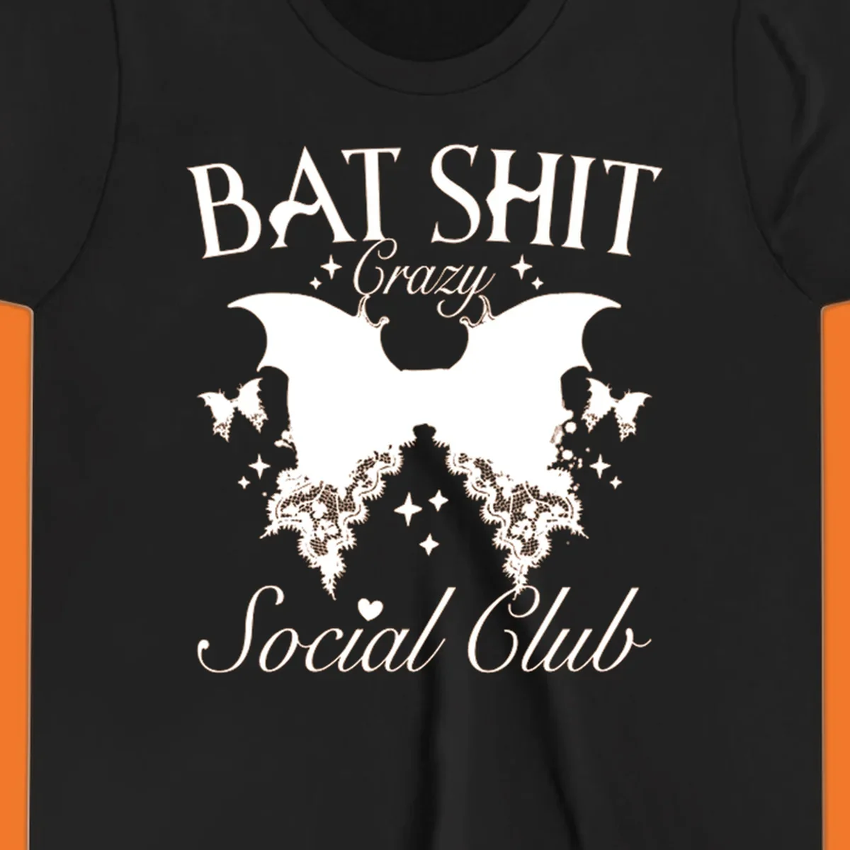 Bat Shit Crazy Social Club design with bat wings, lace, and text.