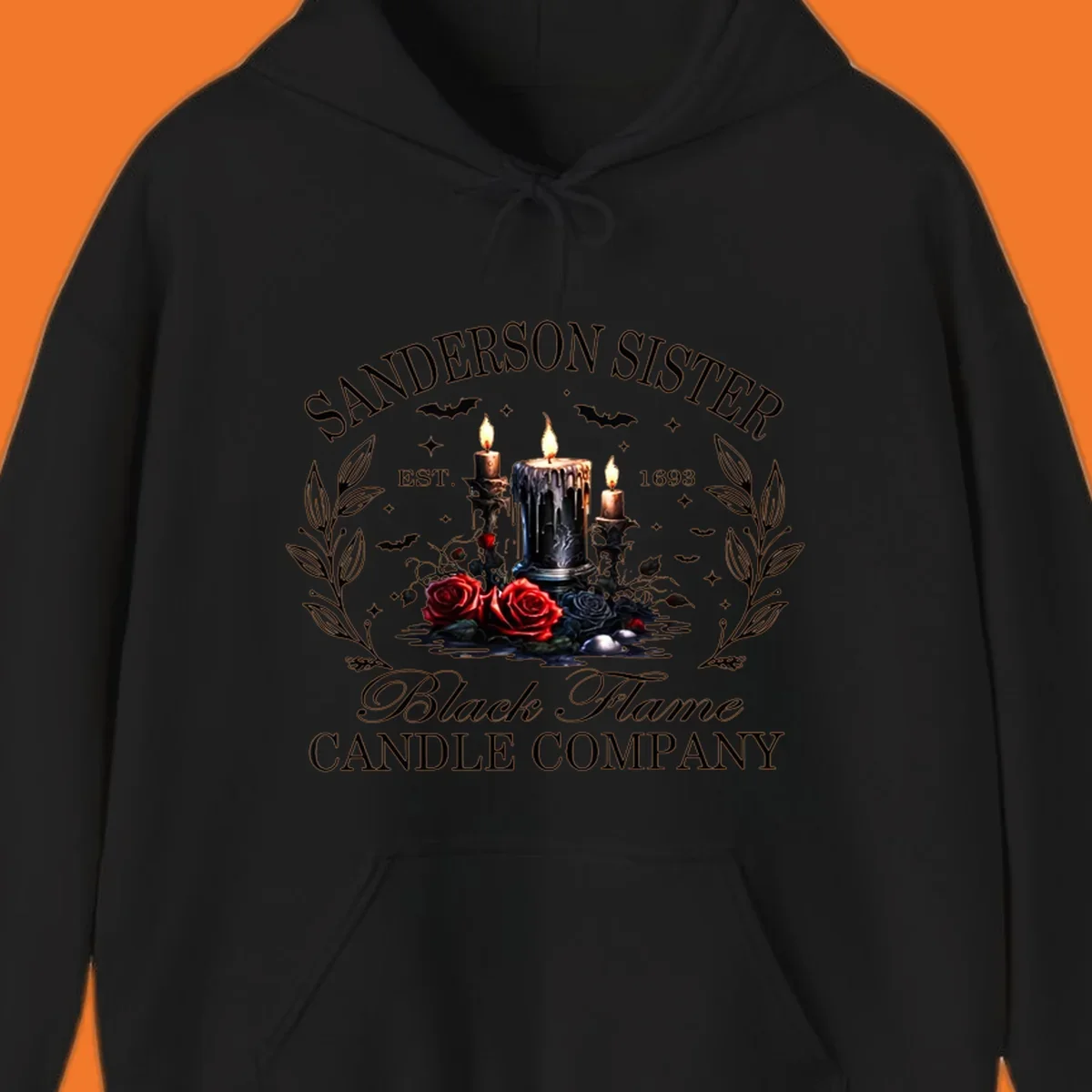 Sanderson Sister Black Flame Candle Company logo with dripping candles, roses, and bats.