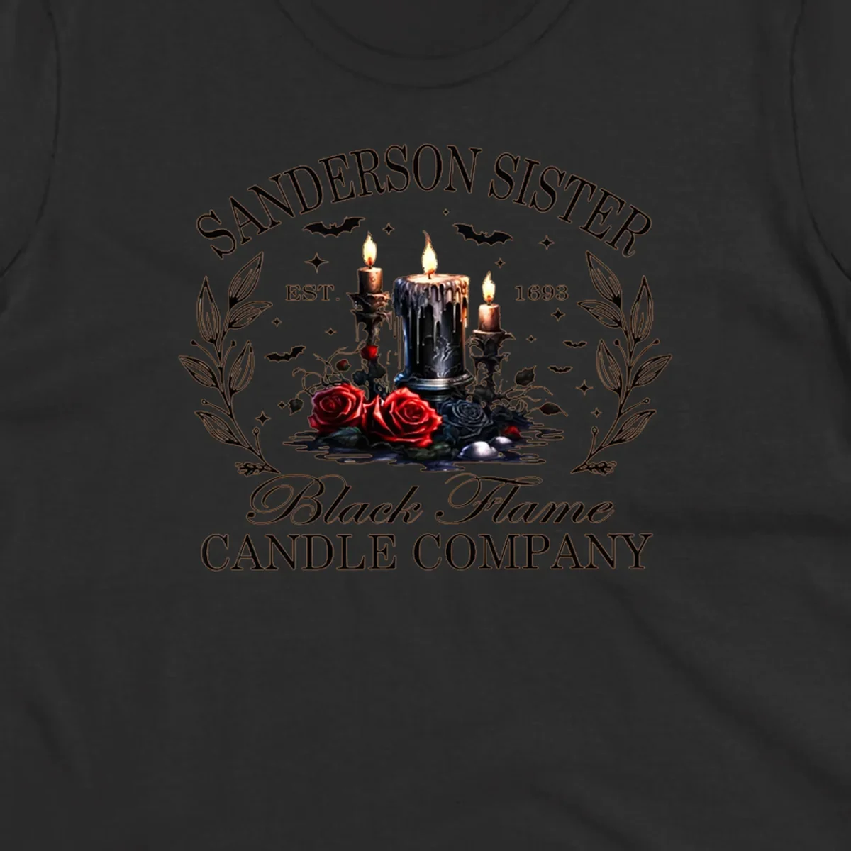 Sanderson Sister Black Flame Candle Company logo with dripping candles, roses, and bats.