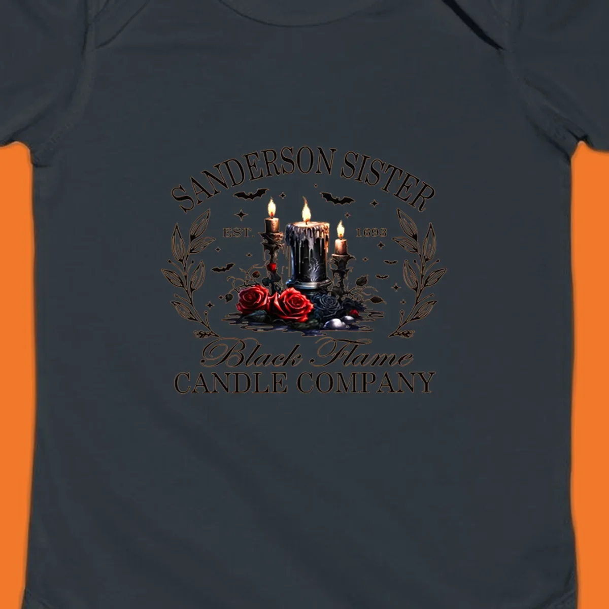 Sanderson Sister Black Flame Candle Company logo with dripping candles, roses, and bats.