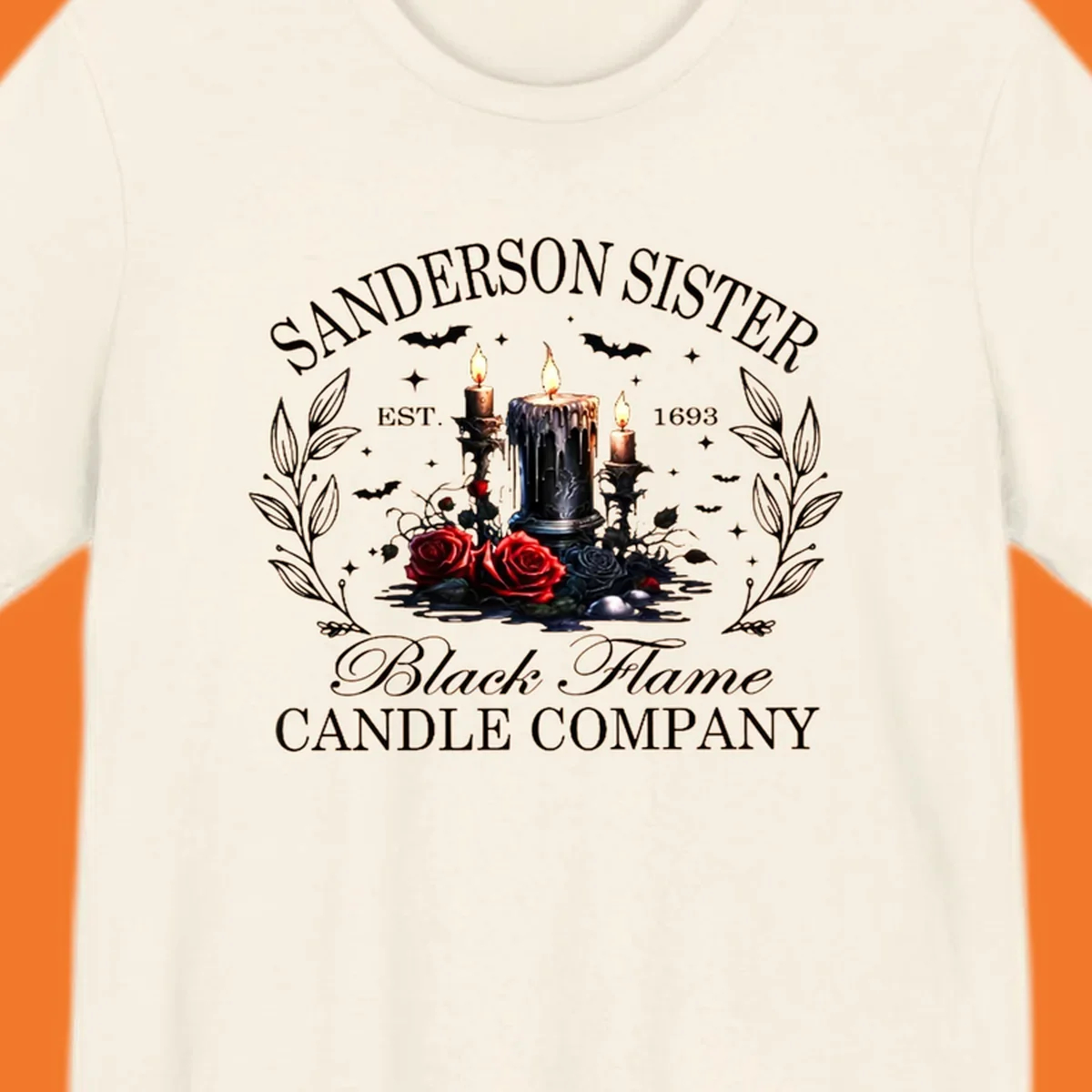 Sanderson Sister Black Flame Candle Company logo with dripping candles, roses, and bats.