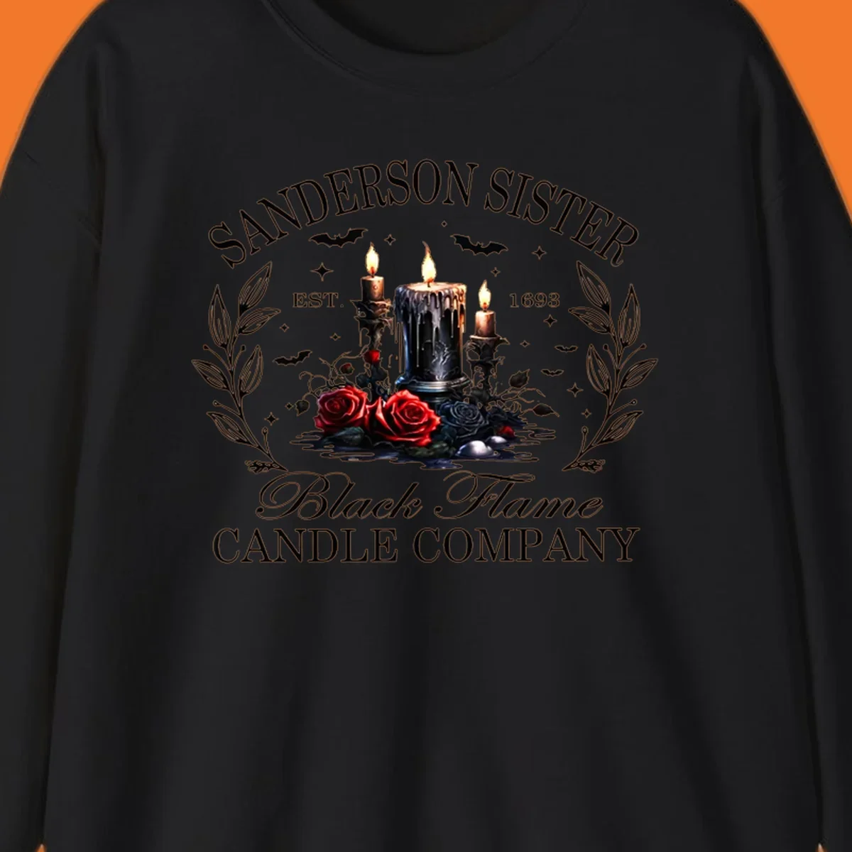Sanderson Sister Black Flame Candle Company logo with dripping candles, roses, and bats.