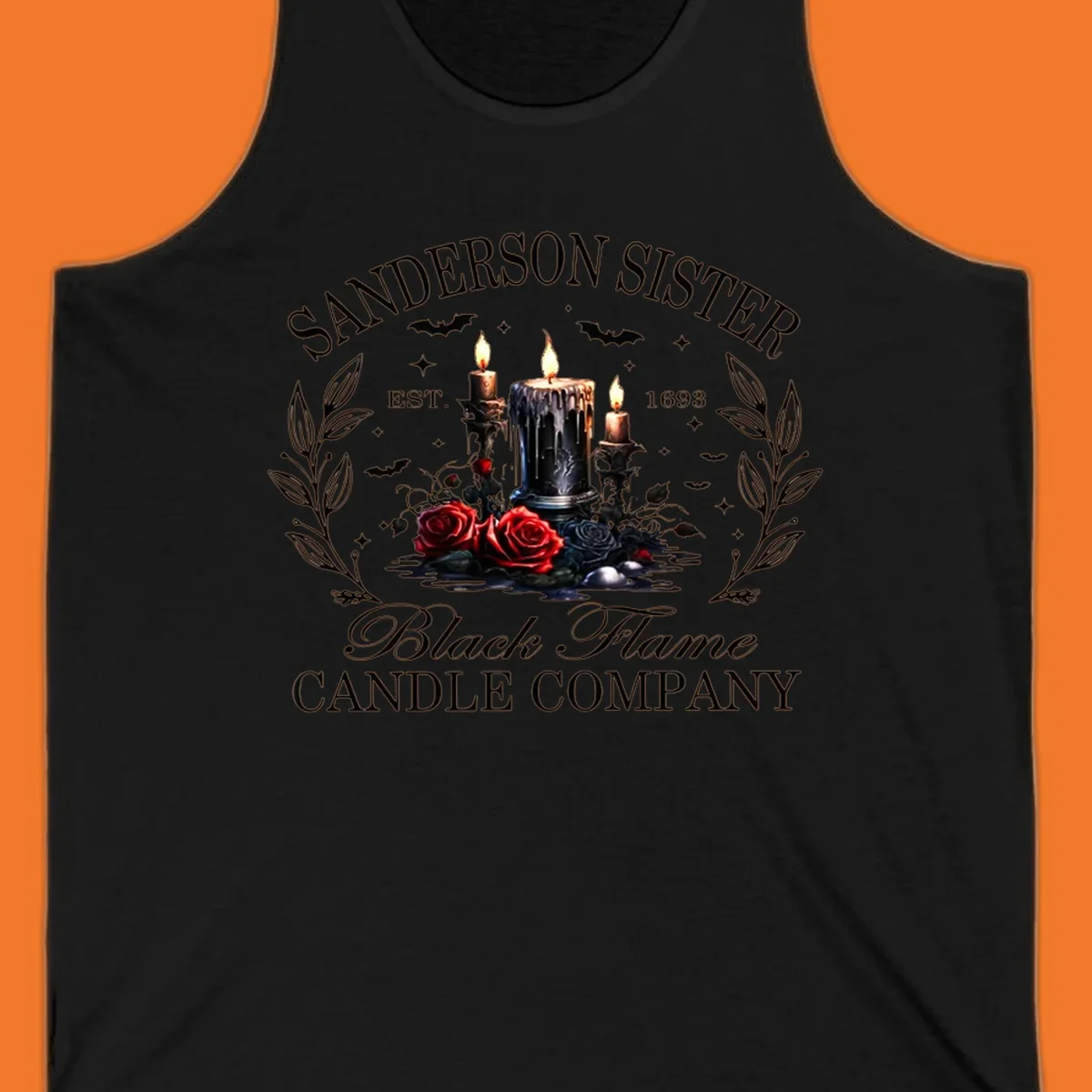 Sanderson Sister Black Flame Candle Company logo with dripping candles, roses, and bats.