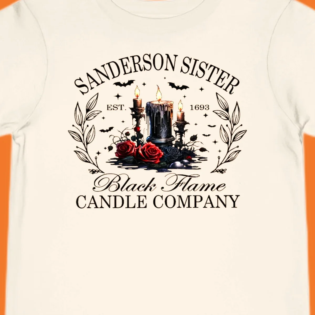 Sanderson Sister Black Flame Candle Company logo with dripping candles, roses, and bats.