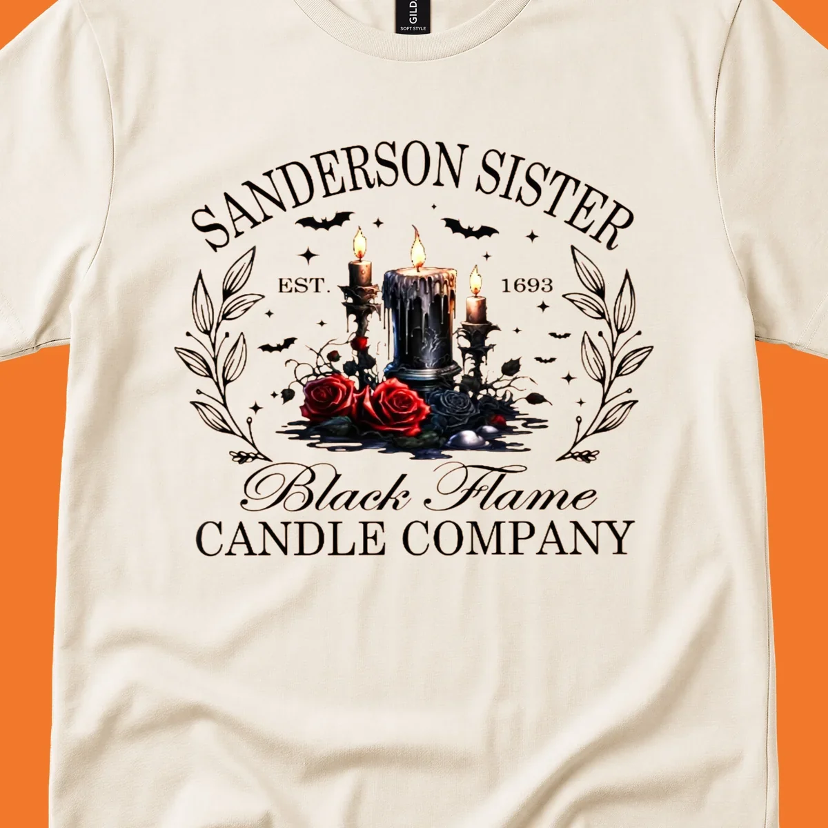 Sanderson Sister Black Flame Candle Company logo with dripping candles, roses, and bats.