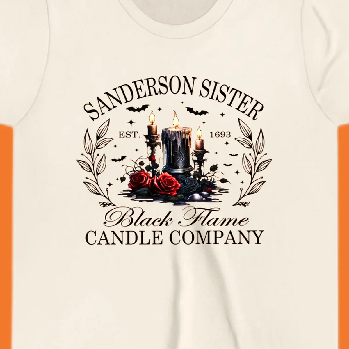 Sanderson Sister Black Flame Candle Company logo with dripping candles, roses, and bats.
