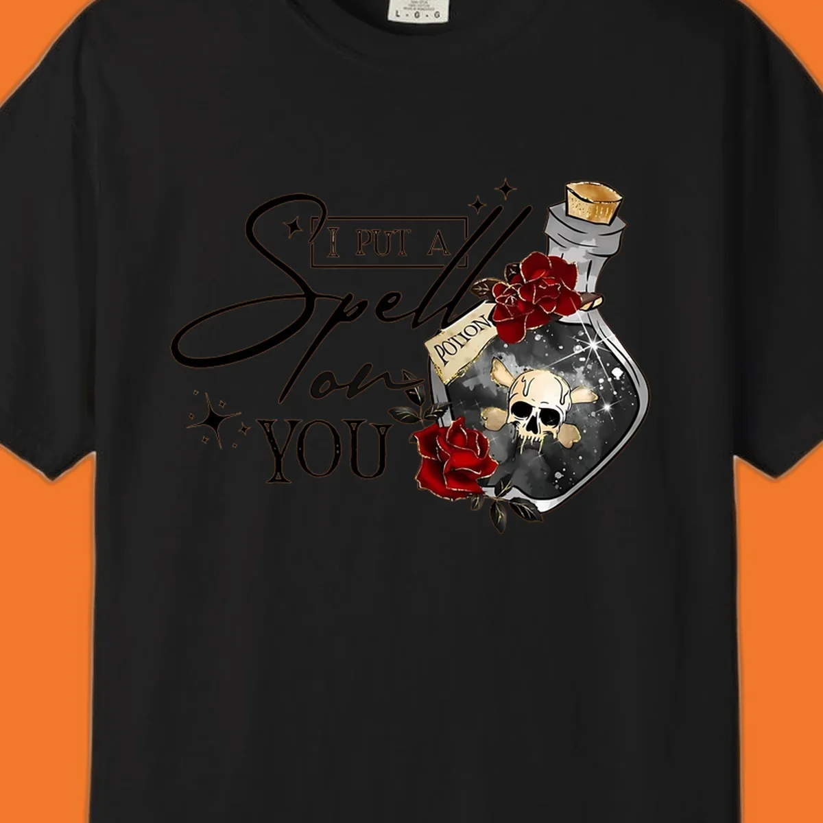 Halloween potion bottle with skull and roses, text 'I Put A Spell On You'.
