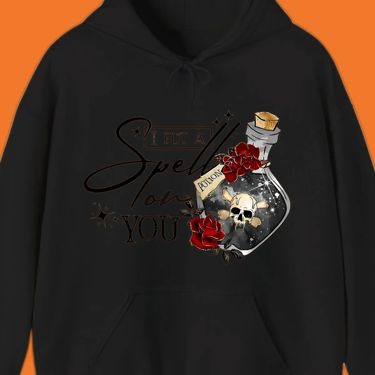 Halloween potion bottle with skull and roses, text 'I Put A Spell On You'.