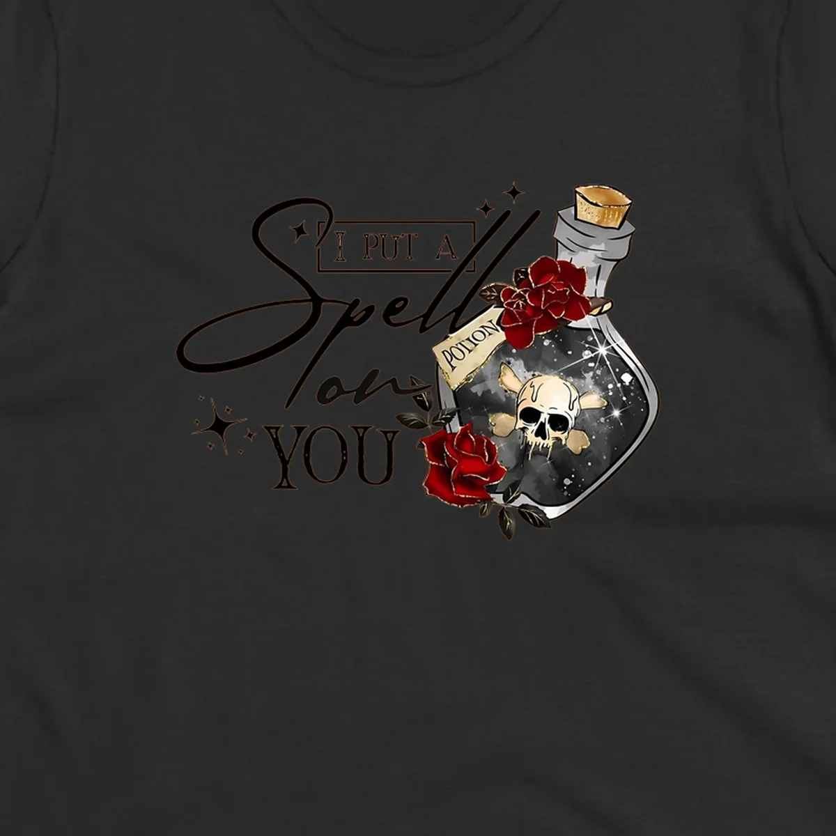 Halloween potion bottle with skull and roses, text 'I Put A Spell On You'.