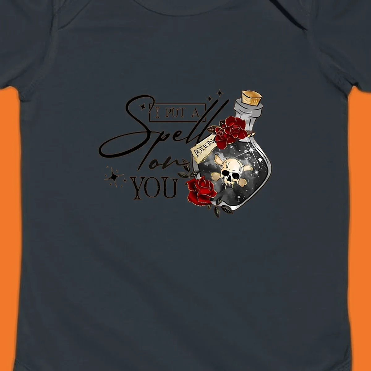 Halloween potion bottle with skull and roses, text 'I Put A Spell On You'.