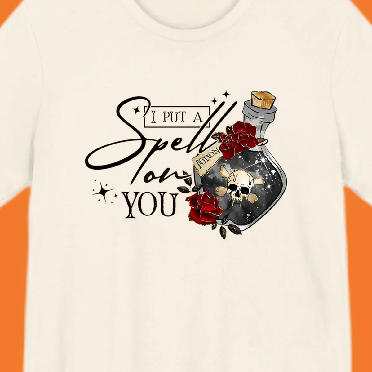 Halloween potion bottle with skull and roses, text 'I Put A Spell On You'.