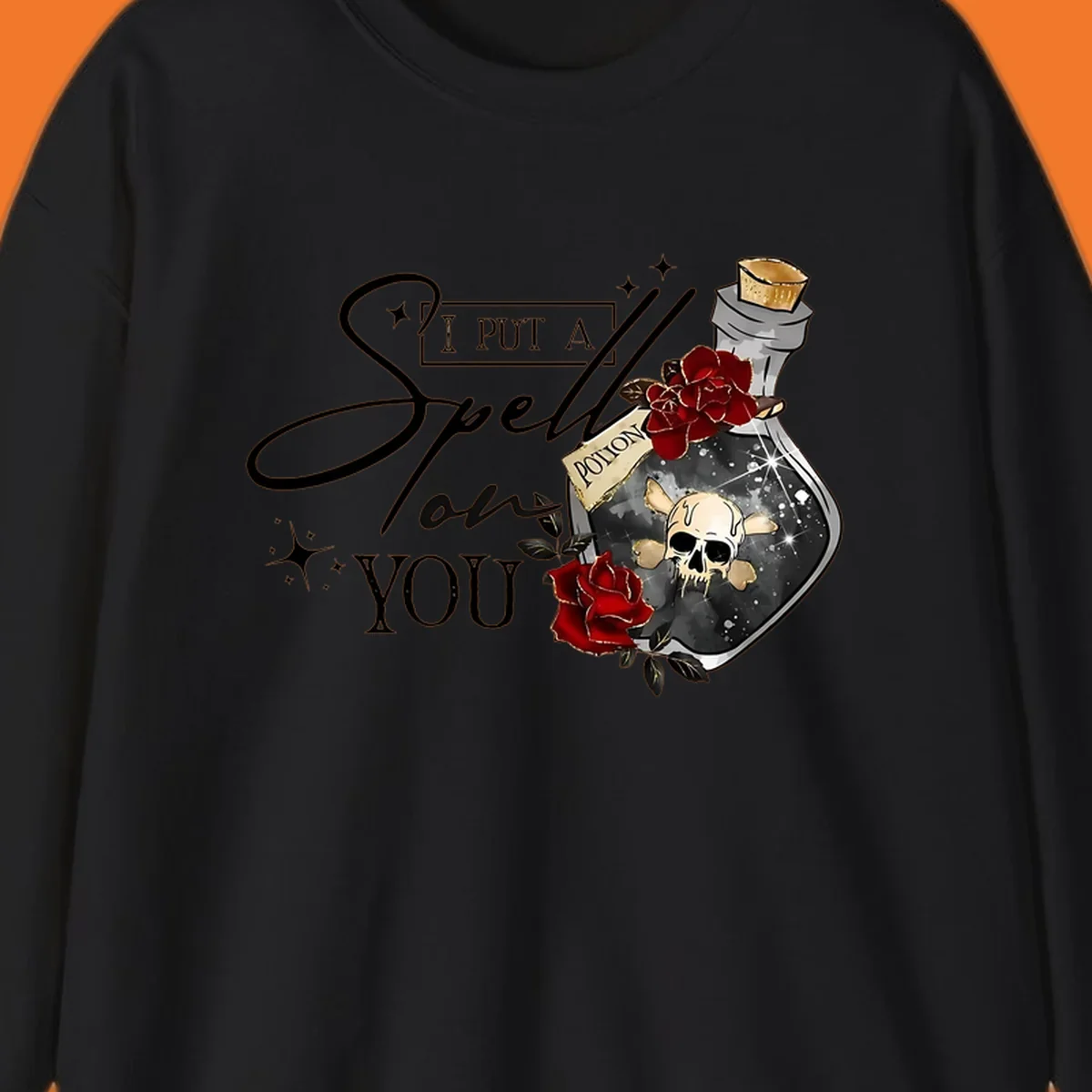 Halloween potion bottle with skull and roses, text 'I Put A Spell On You'.