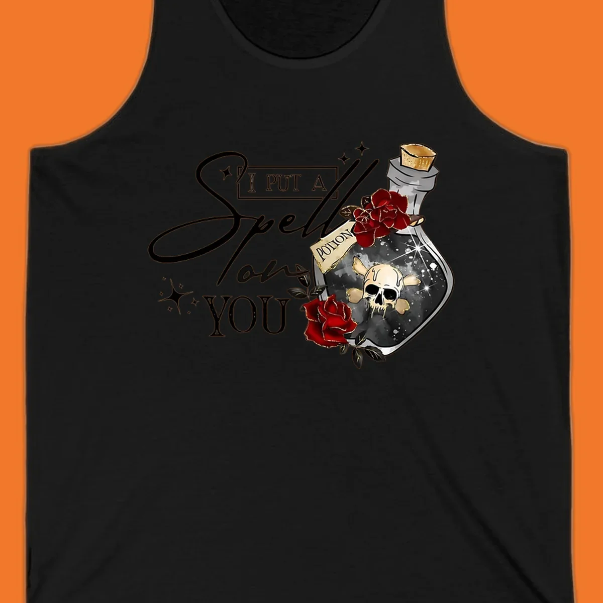 Halloween potion bottle with skull and roses, text 'I Put A Spell On You'.