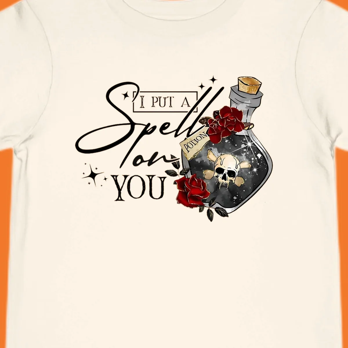 Halloween potion bottle with skull and roses, text 'I Put A Spell On You'.