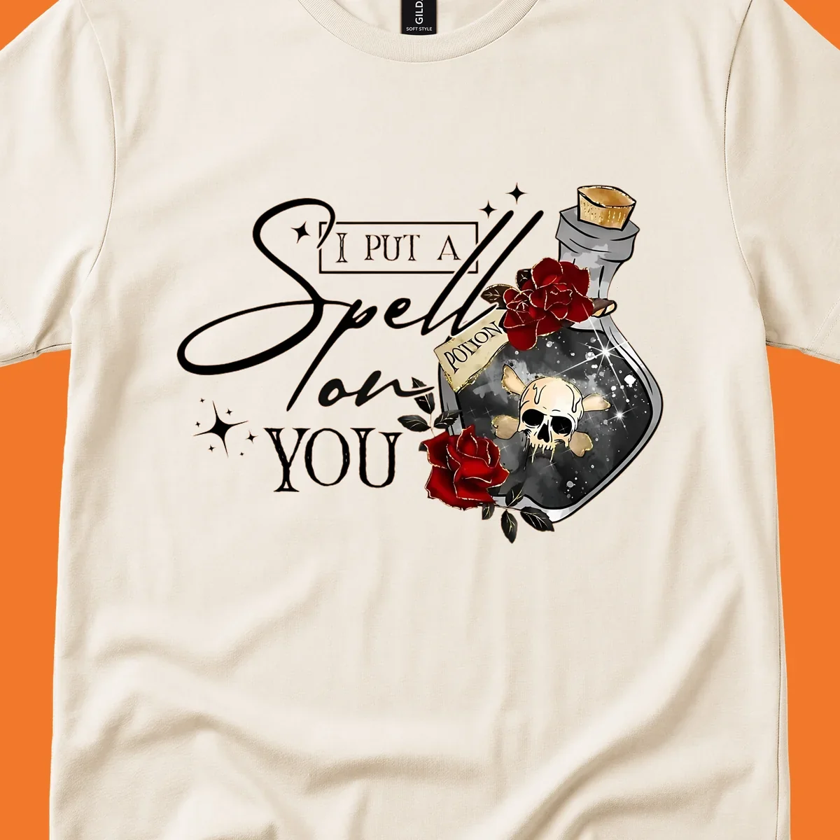 Halloween potion bottle with skull and roses, text 'I Put A Spell On You'.