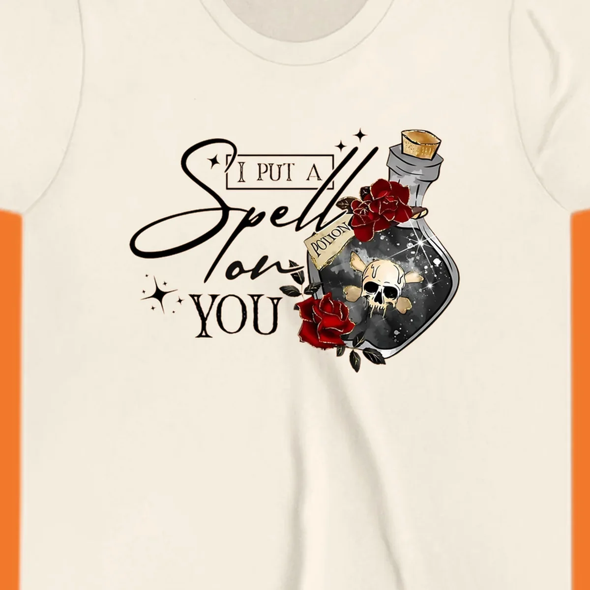 Halloween potion bottle with skull and roses, text 'I Put A Spell On You'.