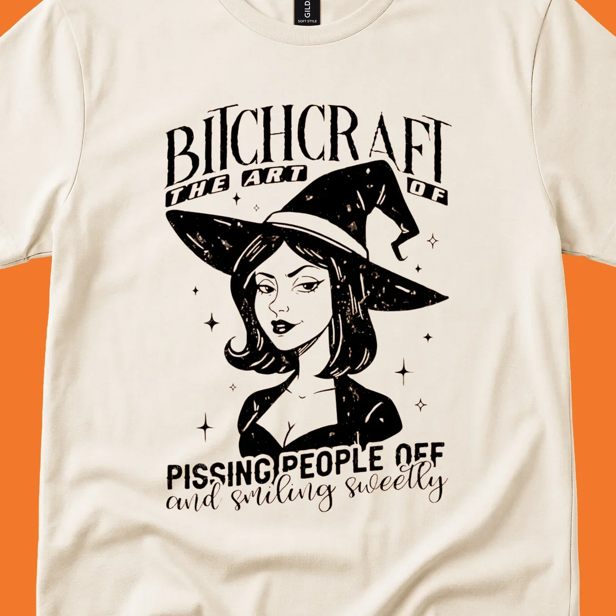 Illustration of a witch with the text Bitchcraft The Art Of Pissing People Off and smiling sweetly.