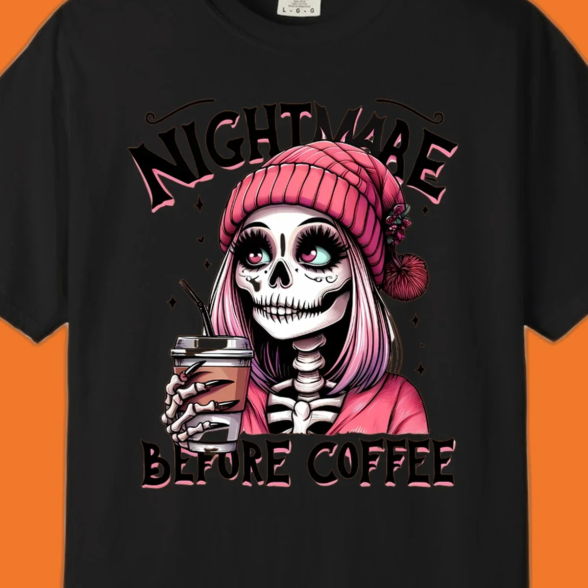 Skeleton woman with pink hair and coffee cup, text Nightmare Before Coffee. Skeleton-coffee-nightmare.