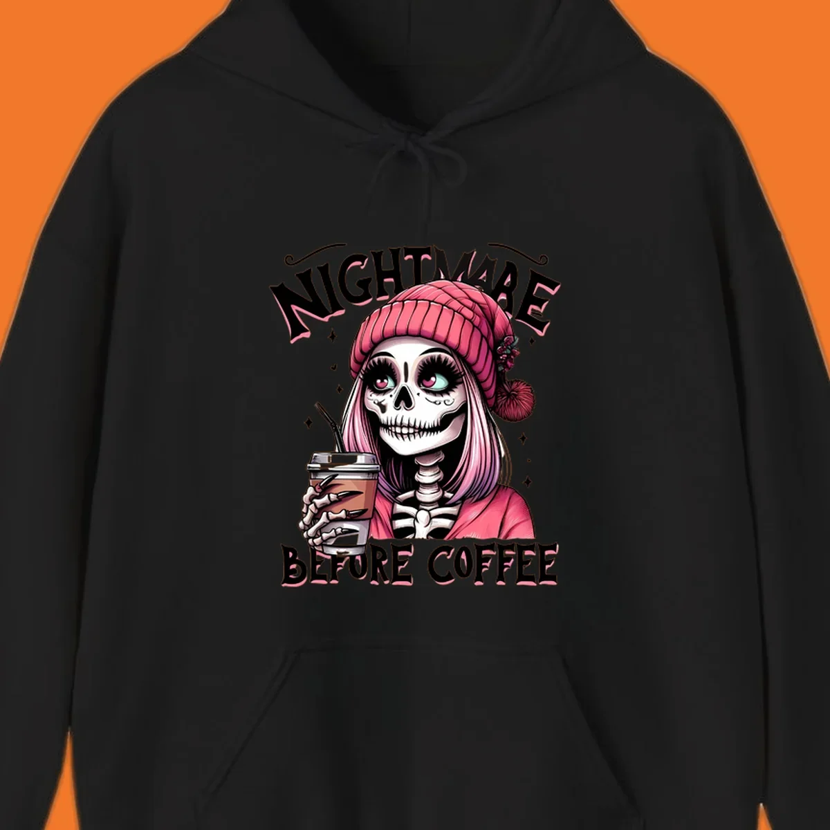 Skeleton woman with pink hair and coffee cup, text Nightmare Before Coffee. Skeleton-coffee-nightmare.