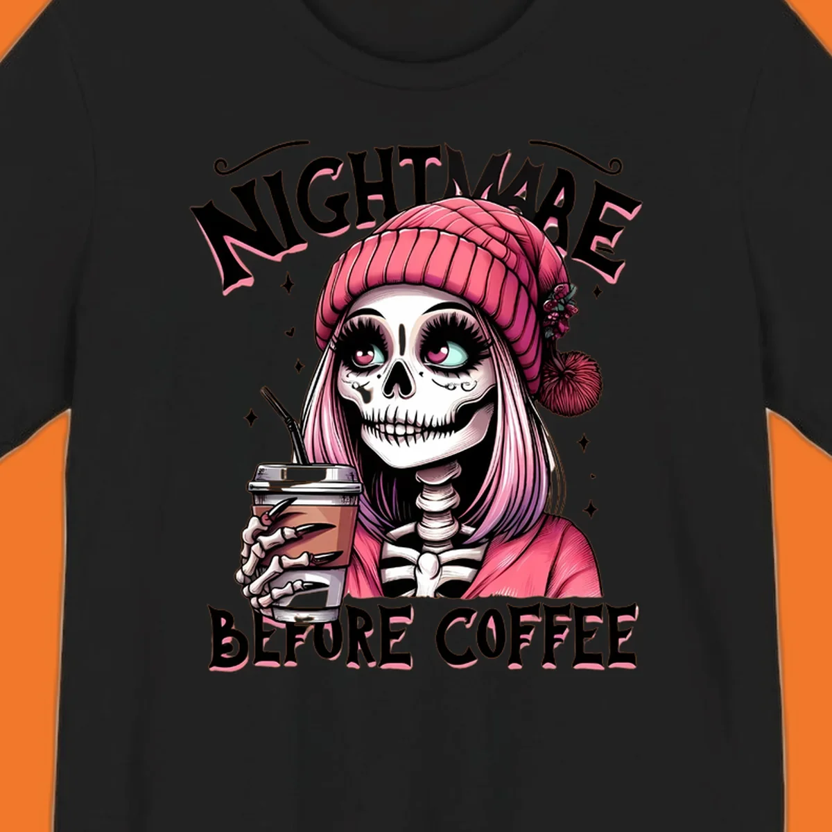 Skeleton woman with pink hair and coffee cup, text Nightmare Before Coffee. Skeleton-coffee-nightmare.