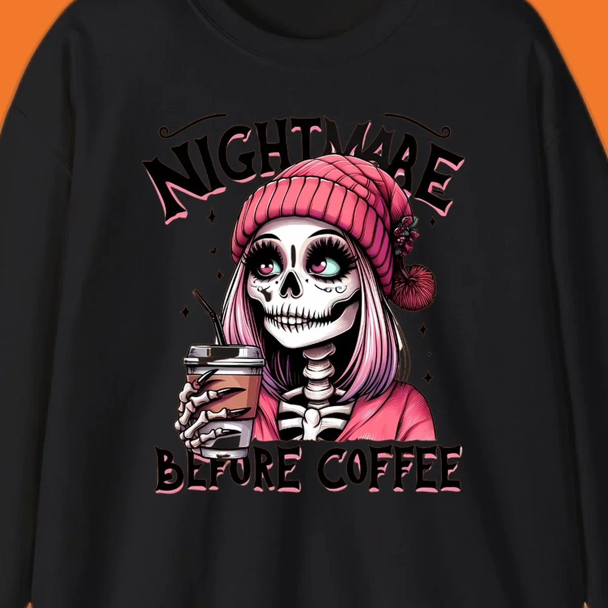 Skeleton woman with pink hair and coffee cup, text Nightmare Before Coffee. Skeleton-coffee-nightmare.