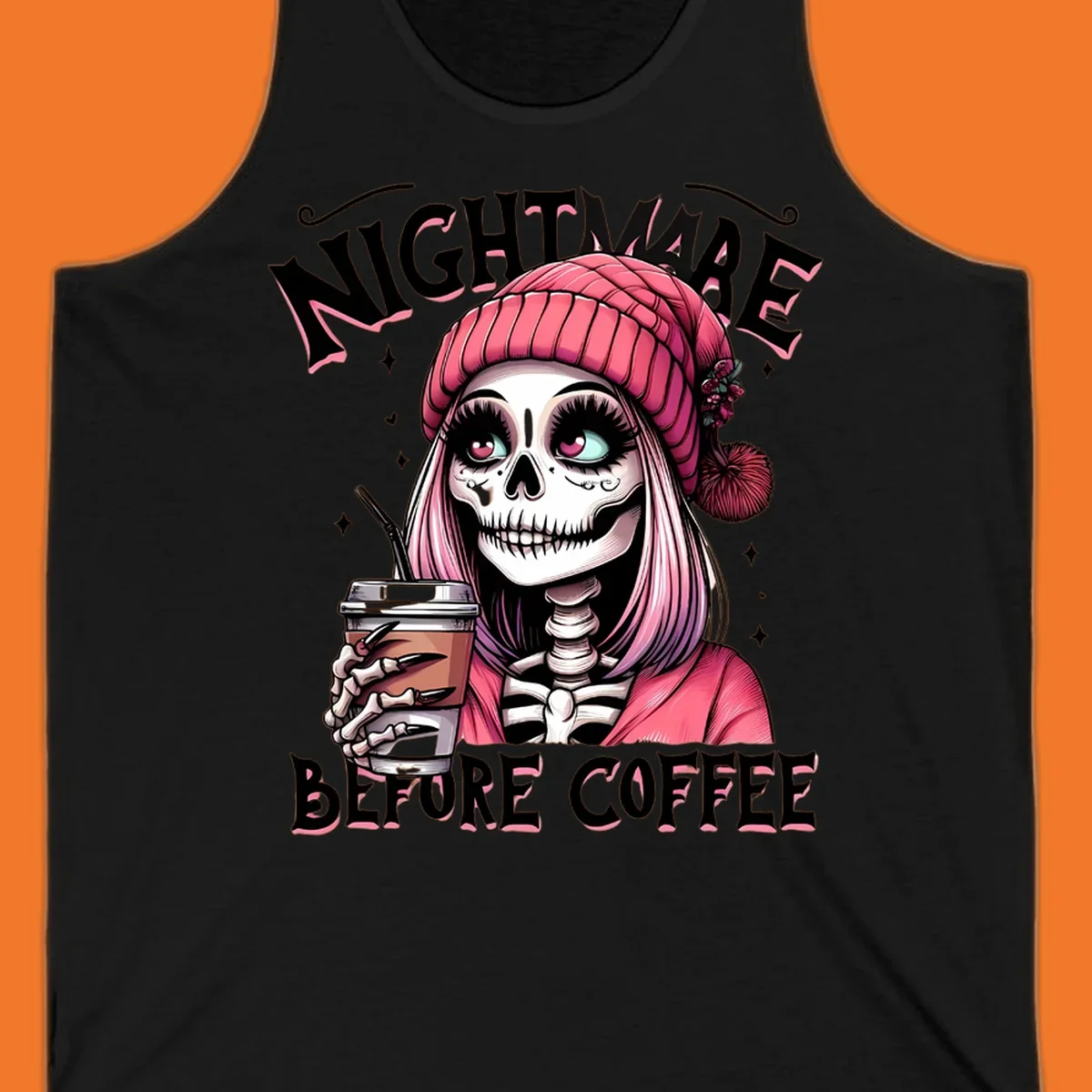 Skeleton woman with pink hair and coffee cup, text Nightmare Before Coffee. Skeleton-coffee-nightmare.