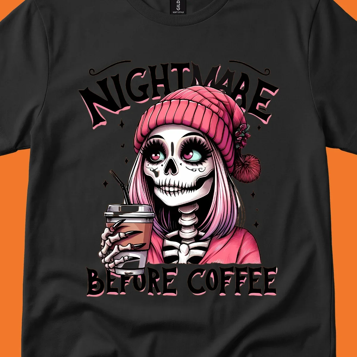 Skeleton woman with pink hair and coffee cup, text Nightmare Before Coffee. Skeleton-coffee-nightmare.