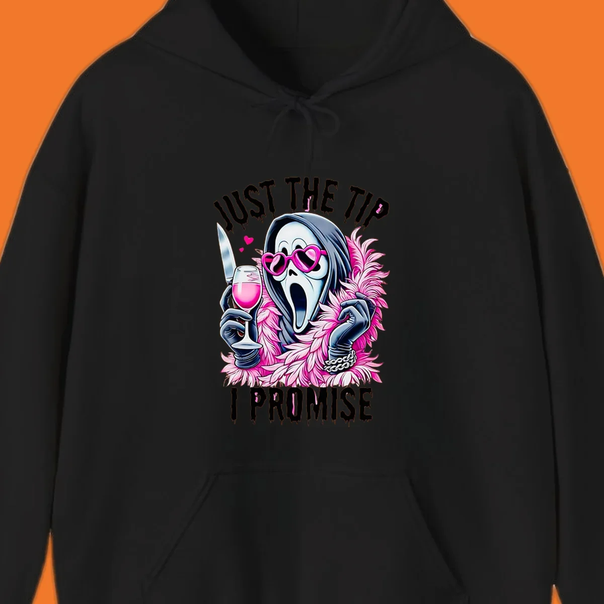 Ghostface mask with pink heart glasses and boa holding knife and wine, text 'JUST THE TIP I PROMISE'.
