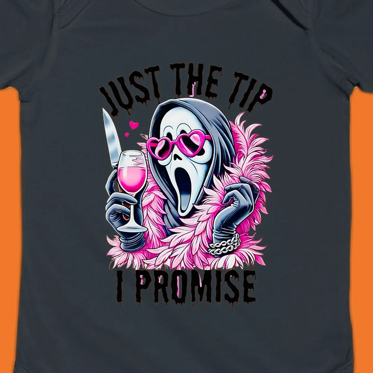 Ghostface mask with pink heart glasses and boa holding knife and wine, text 'JUST THE TIP I PROMISE'.
