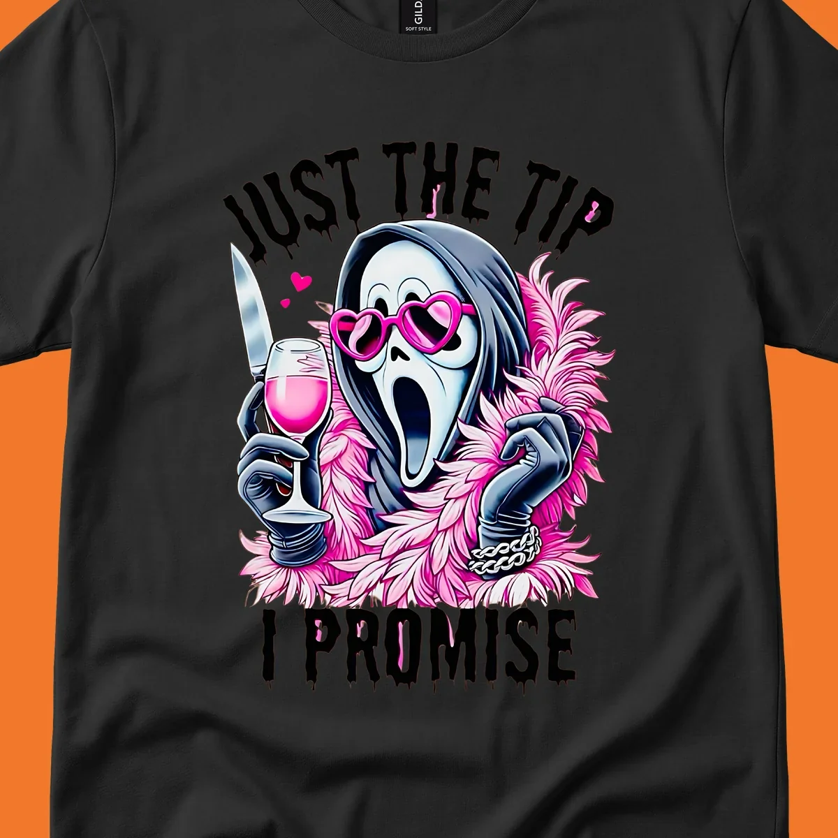 Ghostface mask with pink heart glasses and boa holding knife and wine, text 'JUST THE TIP I PROMISE'.