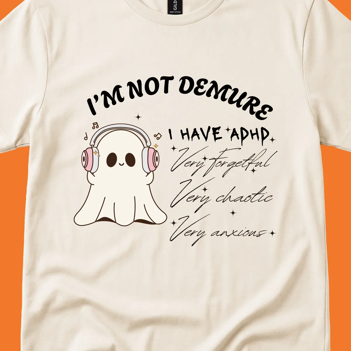 Cute ghost with headphones saying 'I have ADHD' with text about being forgetful, chaotic, and anxious.