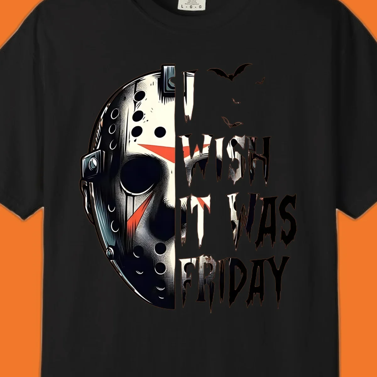 Jason mask and dripping text 'I Wish It Was Friday' with bats. Horror movie fan design.