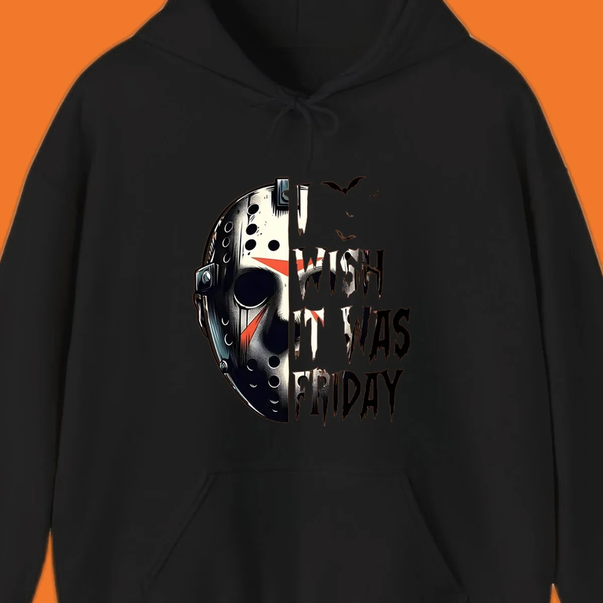 Jason mask and dripping text 'I Wish It Was Friday' with bats. Horror movie fan design.