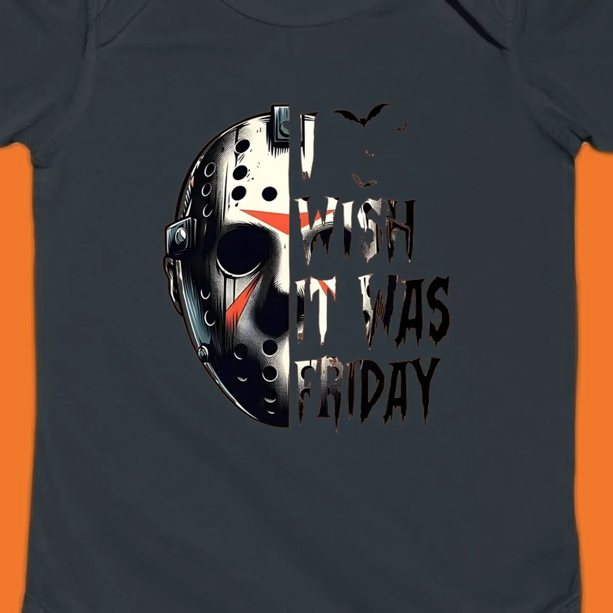 Jason mask and dripping text 'I Wish It Was Friday' with bats. Horror movie fan design.