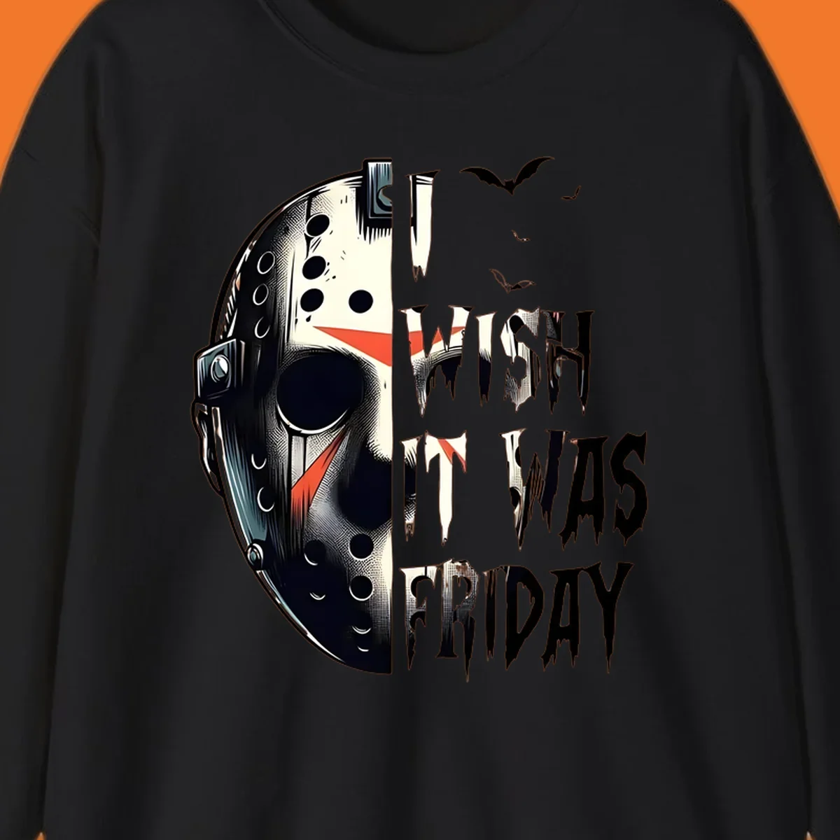 Jason mask and dripping text 'I Wish It Was Friday' with bats. Horror movie fan design.