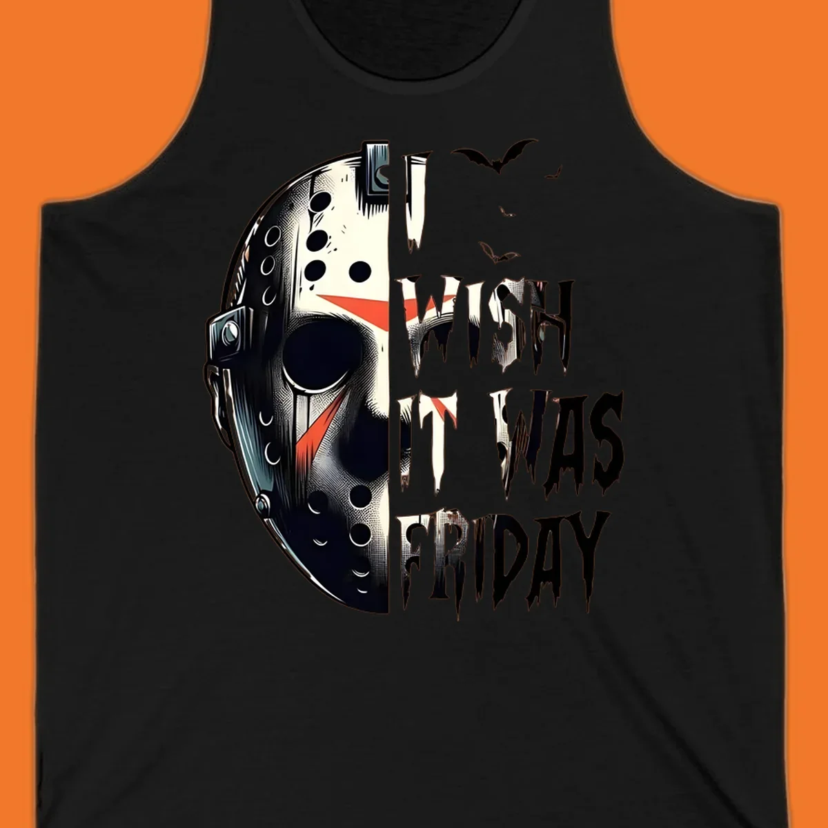 Jason mask and dripping text 'I Wish It Was Friday' with bats. Horror movie fan design.